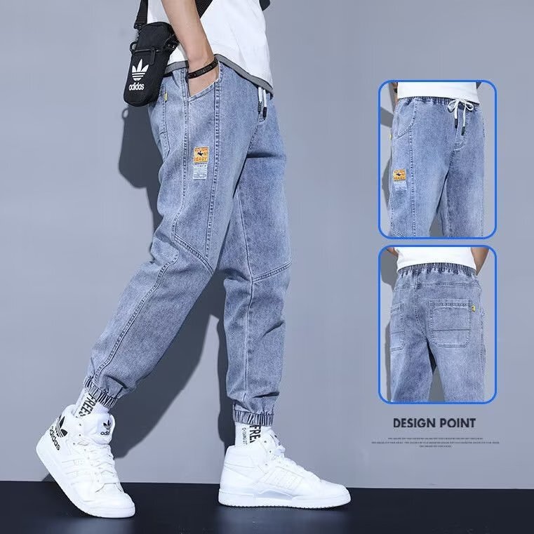 Light-colored Jeans For Men Spring Summer New Style Jogger Designer Pants Trendy Brand Versatile Cargo Harem Nine-point Casual Pants