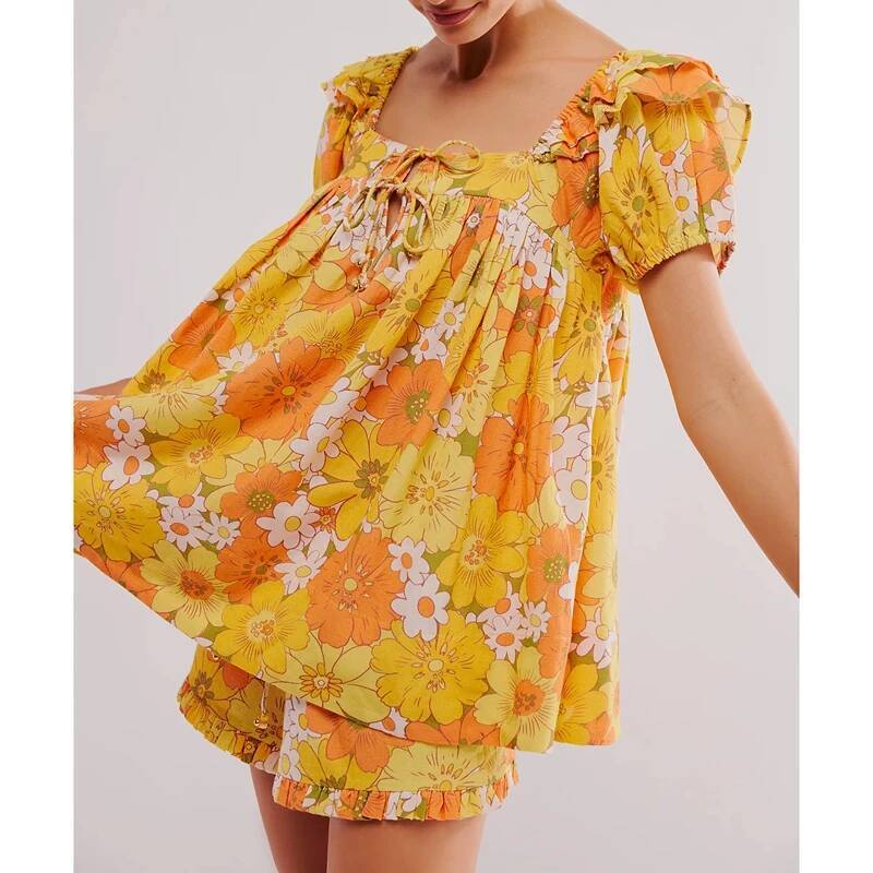 Combhasaki Women Y2K Floral Print 2Pcs Outfits Set Bow Tied Square Neck Puff Sleeve Loose Babydoll Tops+Ruffle Drawstring Shorts - view 6