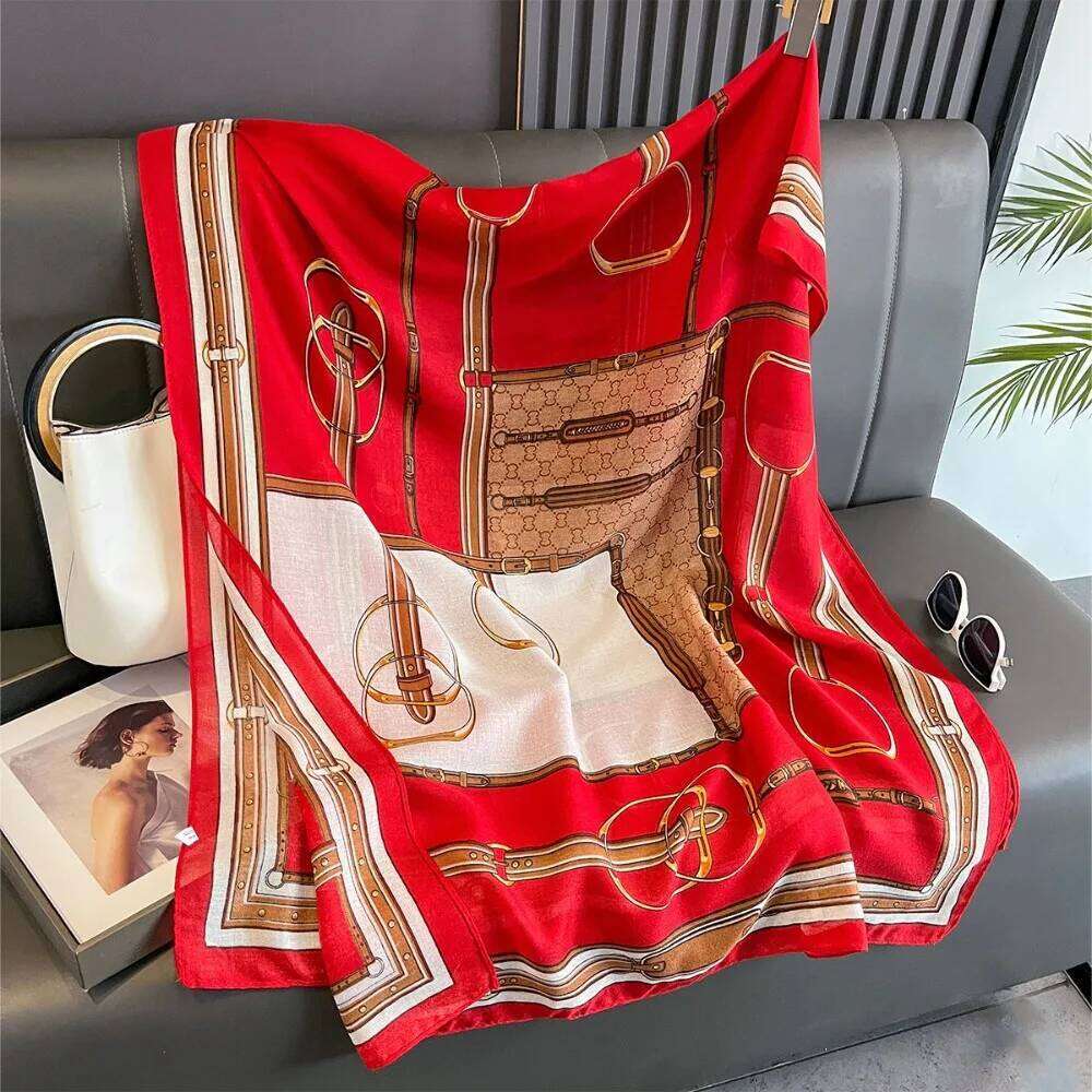 180x85cm Chain Print Scarf - Women's Autumn/Winter Cotton Hemp Warmth-Supportive Sun Protection Wraparound Neck Cover XJ260304