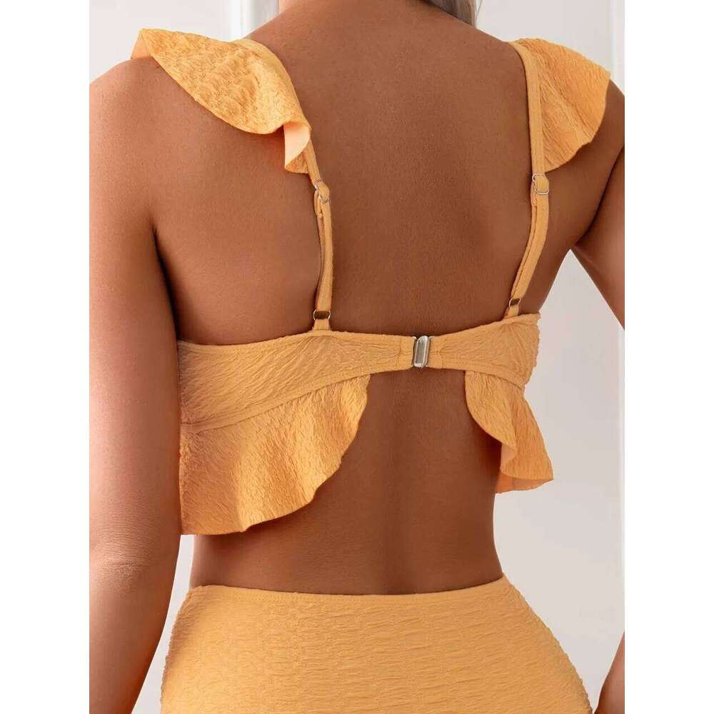 2026 Sexy Strappy Ruffle Bikini Solid Swimwear Women High Waist Triangle Swimsuit Female Bathing Swimming Suit Padded Beachwear Y260303