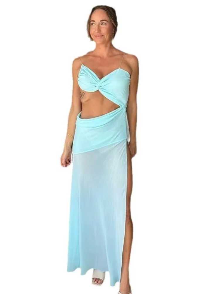 Solid Color Sexy Spaghetti Strap Slim Slit Long Dress Women Hollow Out Backless See Through Sleeveless Beach Party Dress Summer M260304