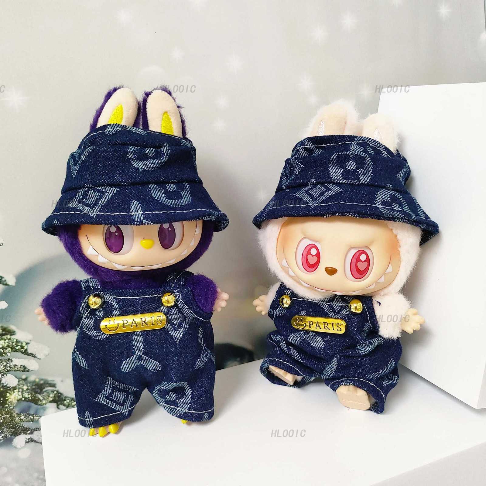 Denim Jacquard Overalls & Bucket Hat Set with Metal Badge for 15cm 17cm Labubu Dolls Outfit AccessoriesT260304