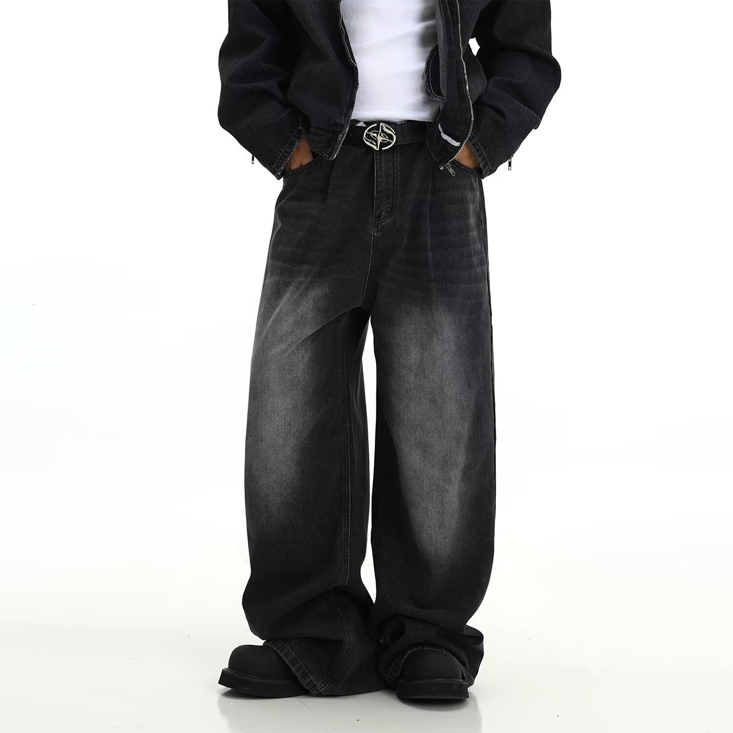 American Retro Washed Denim Jeans For Designer Pants Men Unique Design Trendy Street Style Loose Fit Versatile Straight-leg Casual Wide-leg Pants For Couples