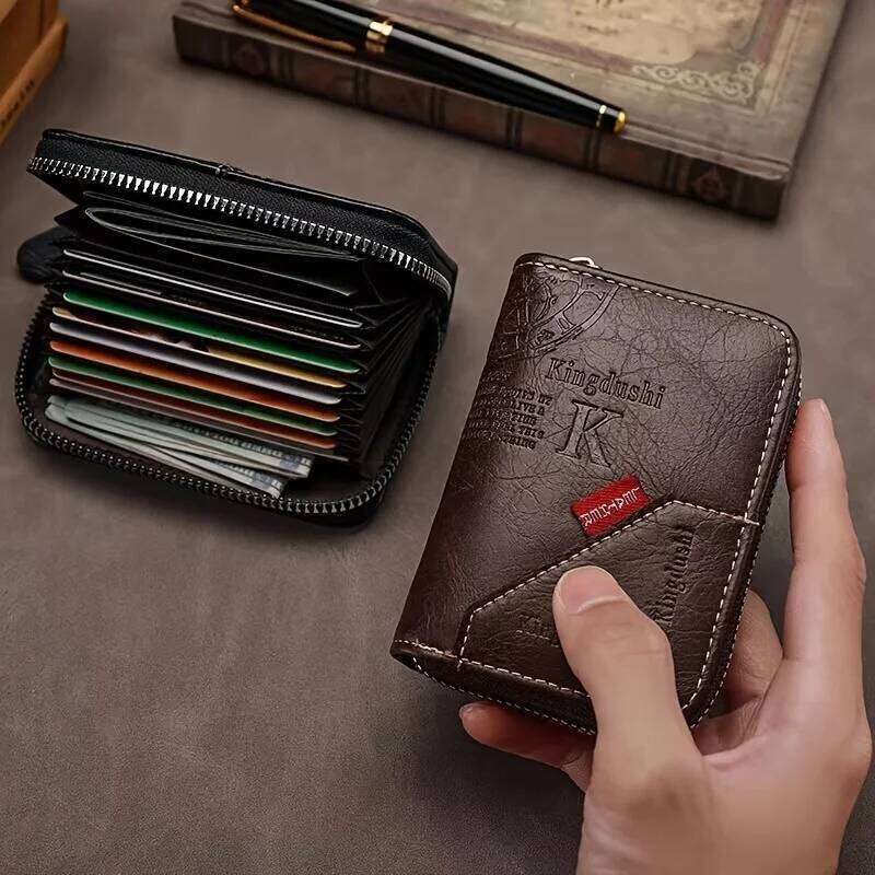 Vintage PU Leather Slim Wallet - Zipper RFID Blocking 11-Slot Card Holder, Retro Style Gift for Men & Women, Classic Design C260304