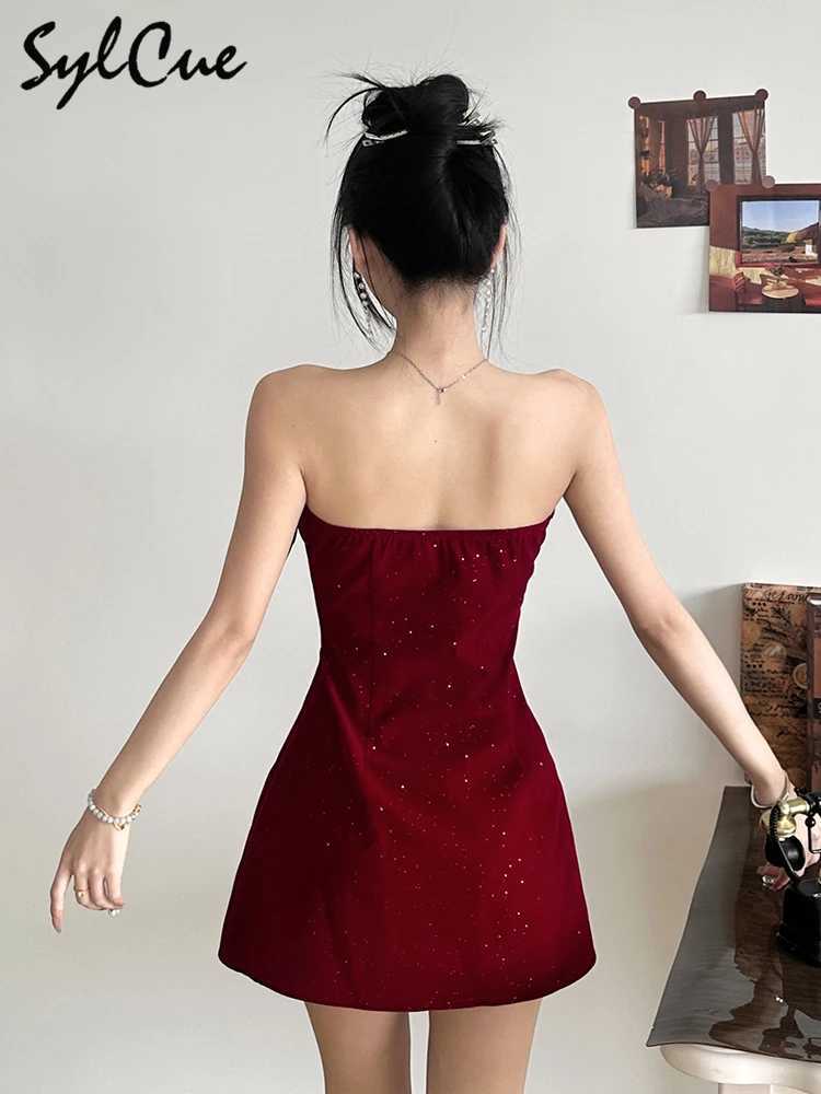 SylCue Elegant Women Dress Christmas Cross Knots Wrap Sleeveless Backless Fine Flash Slim Temperament Fashionable Mini Bodycon M260304
