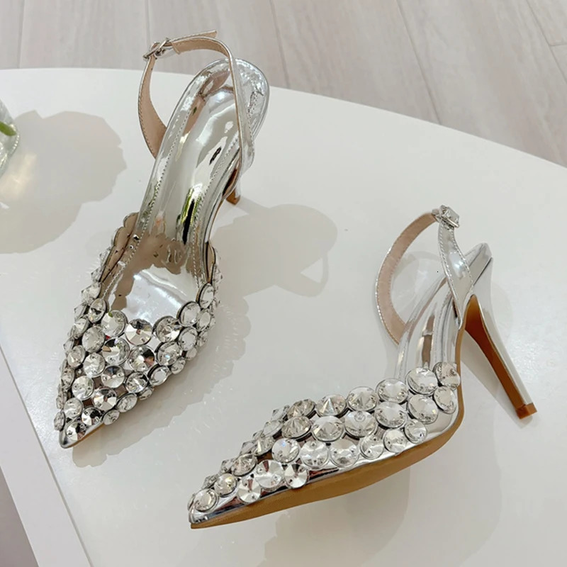 Liyke Elegant Pointed Toe Slingback Stiletto Sandals Crystal Diamonds Women Pumps High Heels Wedding Prom Shoes Zapatos Mujer 260306