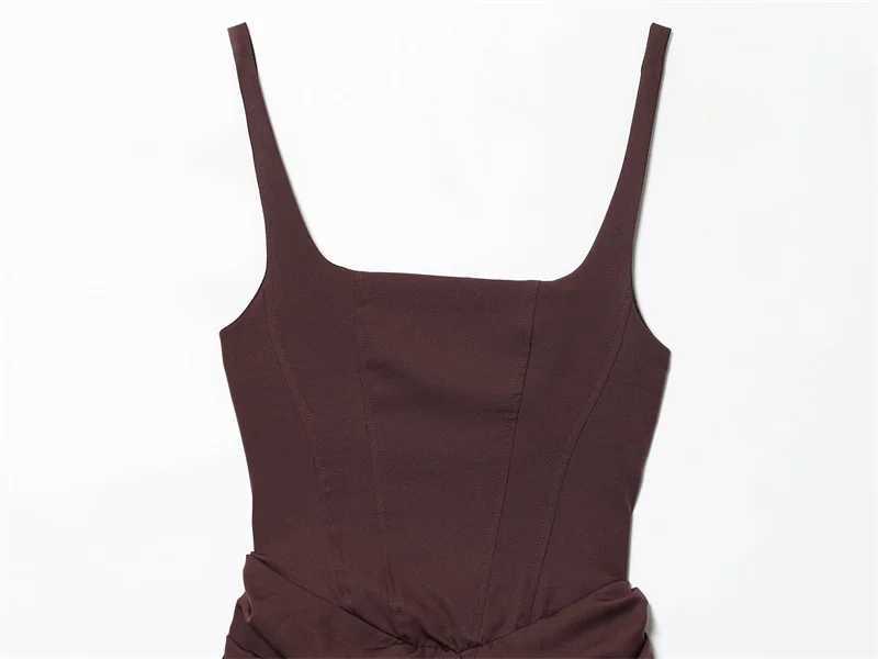 Womens Dress 2025 Autumn New Arrivals Reddish-Brown Spaghetti Strap Sexy Bodycon Mini Dress with Tie Details Stylish and Unique M260304