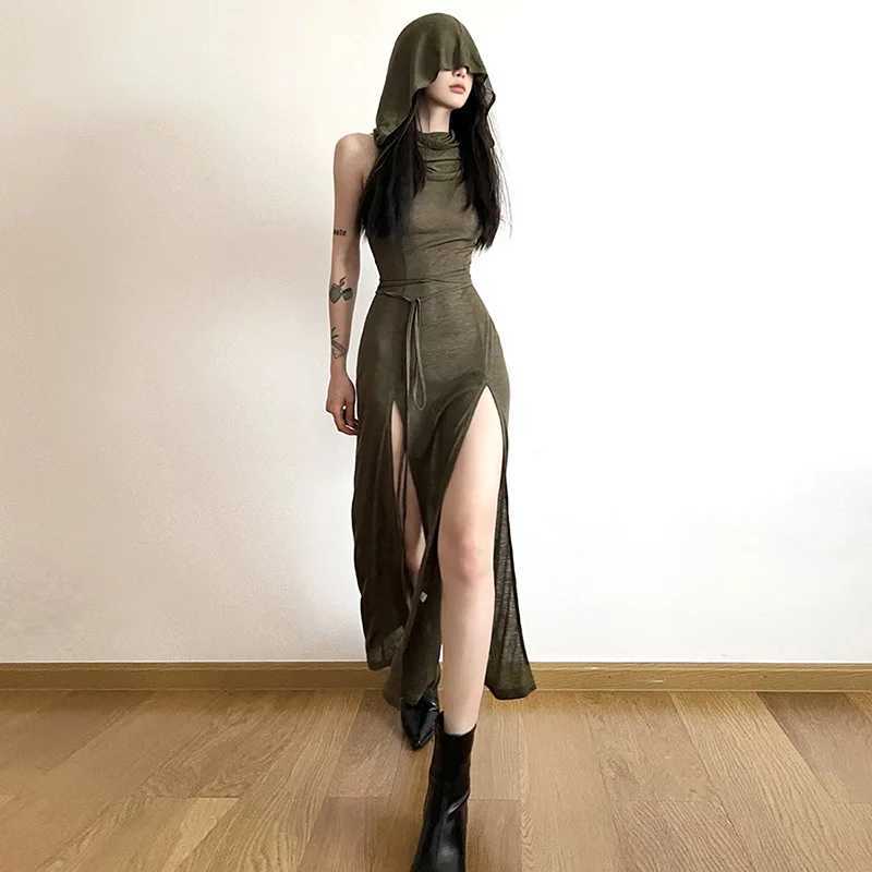 Summer 2023 Sexy European And American Style Sleeveless Hooded Dress Long Split Hollow out Pure Color Womens Gown M260304