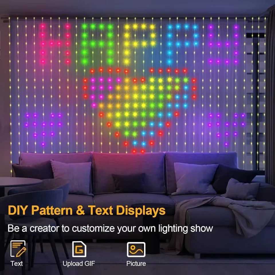 Bluetooth App LED String RGB Fairy Lights 2m2m/3m Smart Curtain Lights DIY Music Change Display for Window Bedroom Decoration H260304