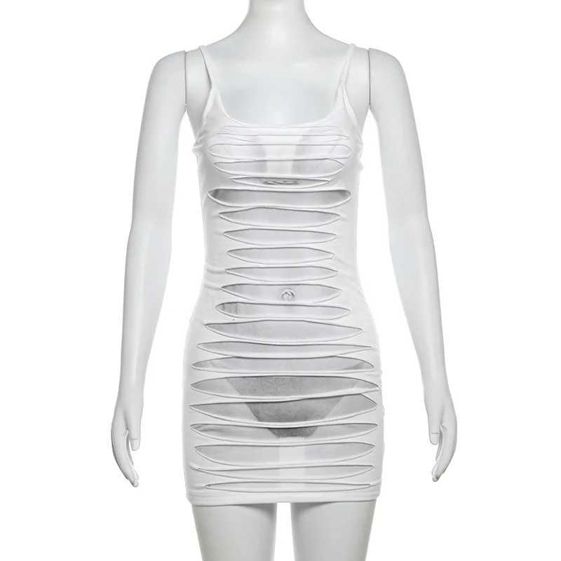 SylCue Sexy Hollow Mini Dresses Swomen Sling Off Sleeves Sexy Backless Skinny Wrap Buttocks Personality Niche Design Outfits M260304