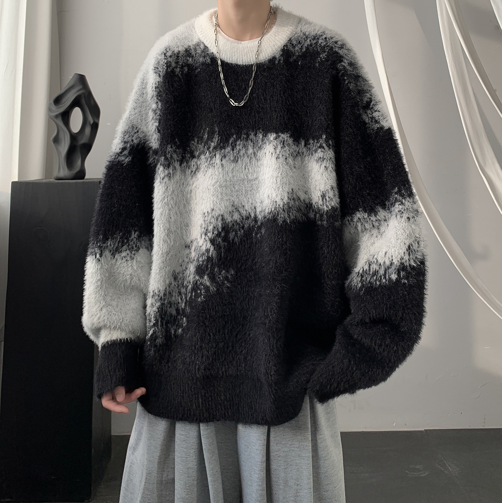 Mens Round Neck Sweater Winter Thickened and Warm Casual Style for Teenagers Trendy American Style Color-Block Knitwear Jacket 240820