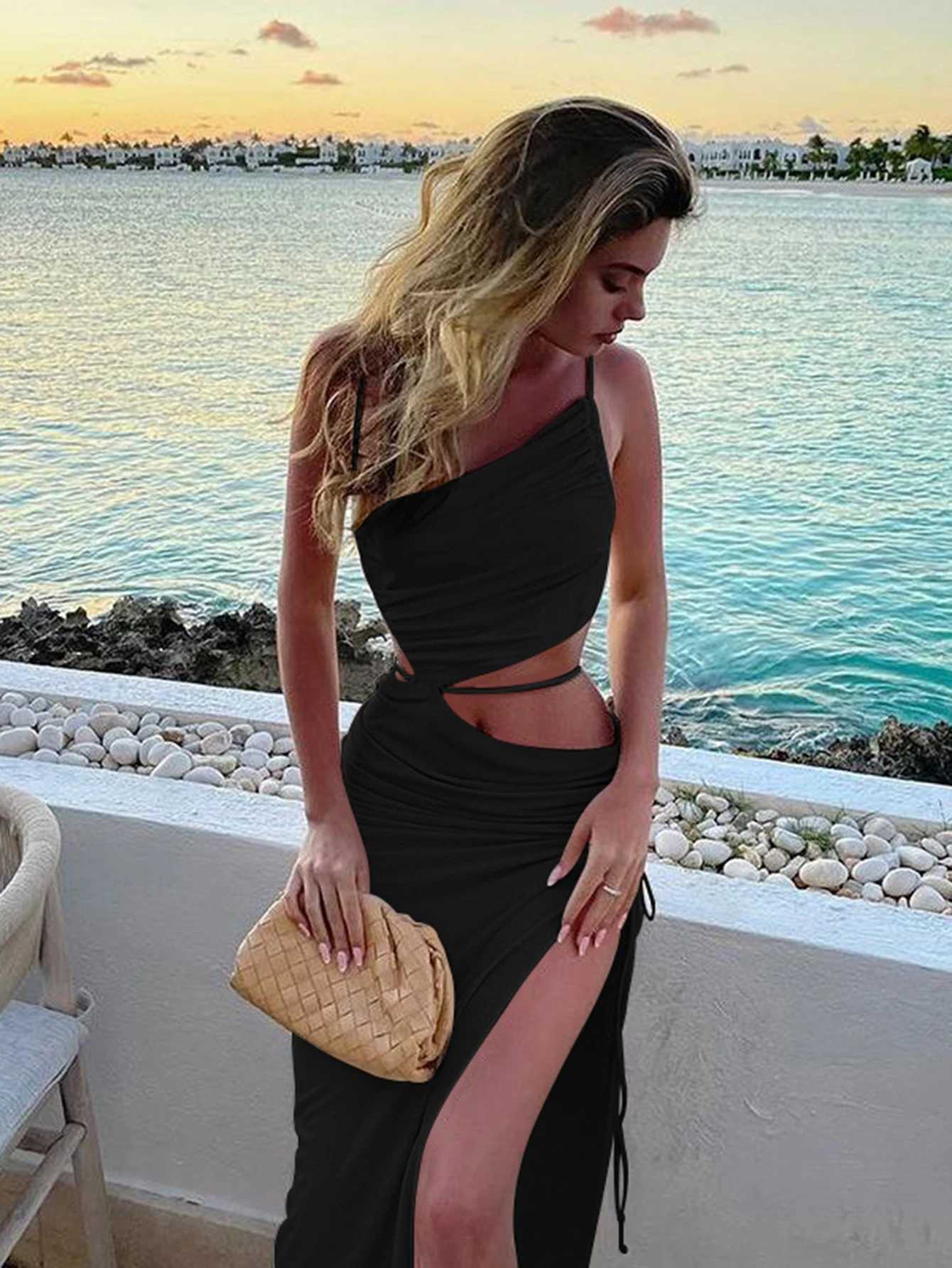 Elegant Sexy Hollow Drawstring Pleated Long Womens Summer Vacation Outfit Club Party Split Style Long Skirt Retro Vest New styl M260304