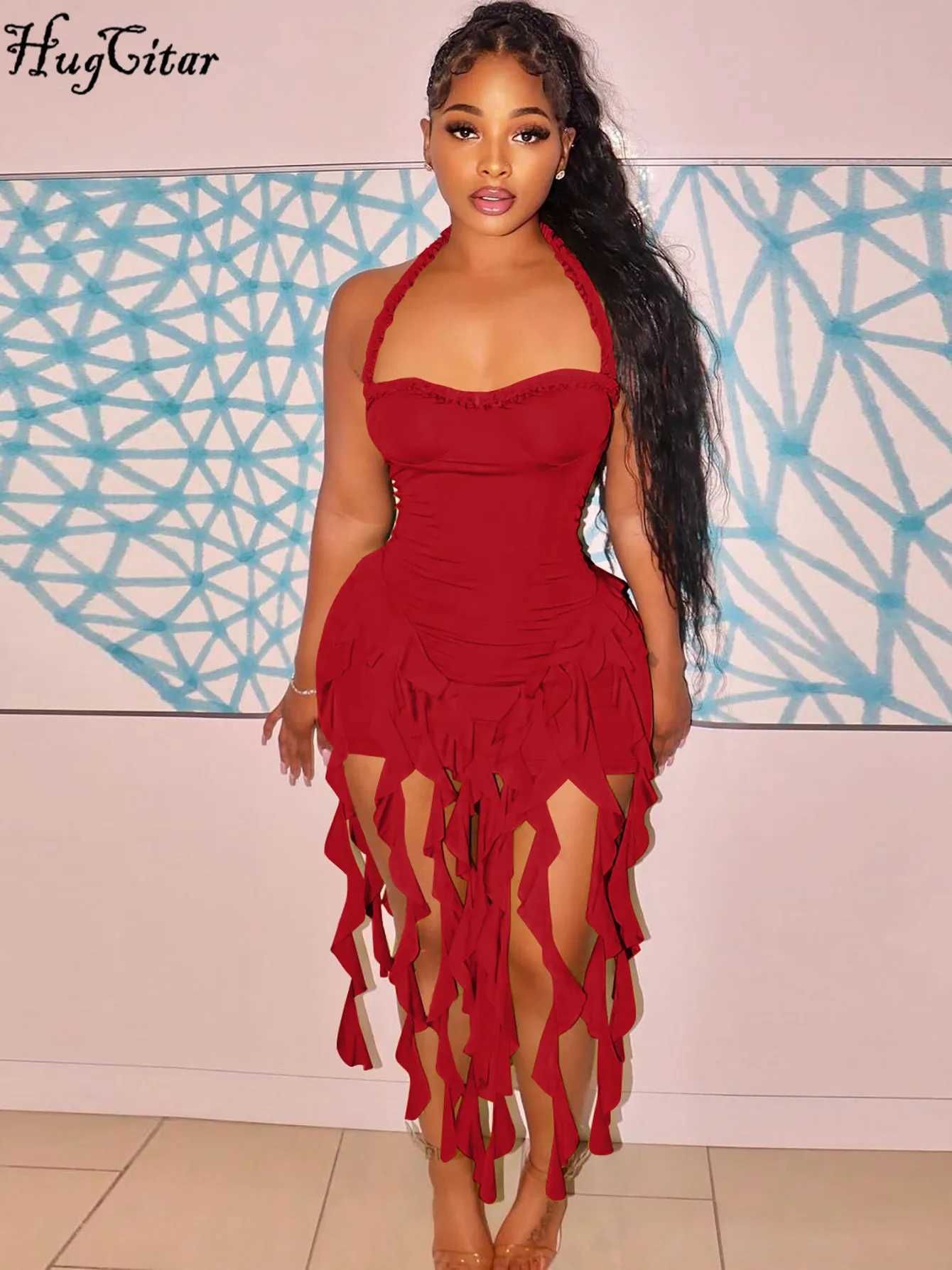 Hugcitar Elegant Halter Solid Ruffles Backless Taseel Sexy Slim Mini Dress Spring Women Cute Outfits Birthday Party Vacation M260304