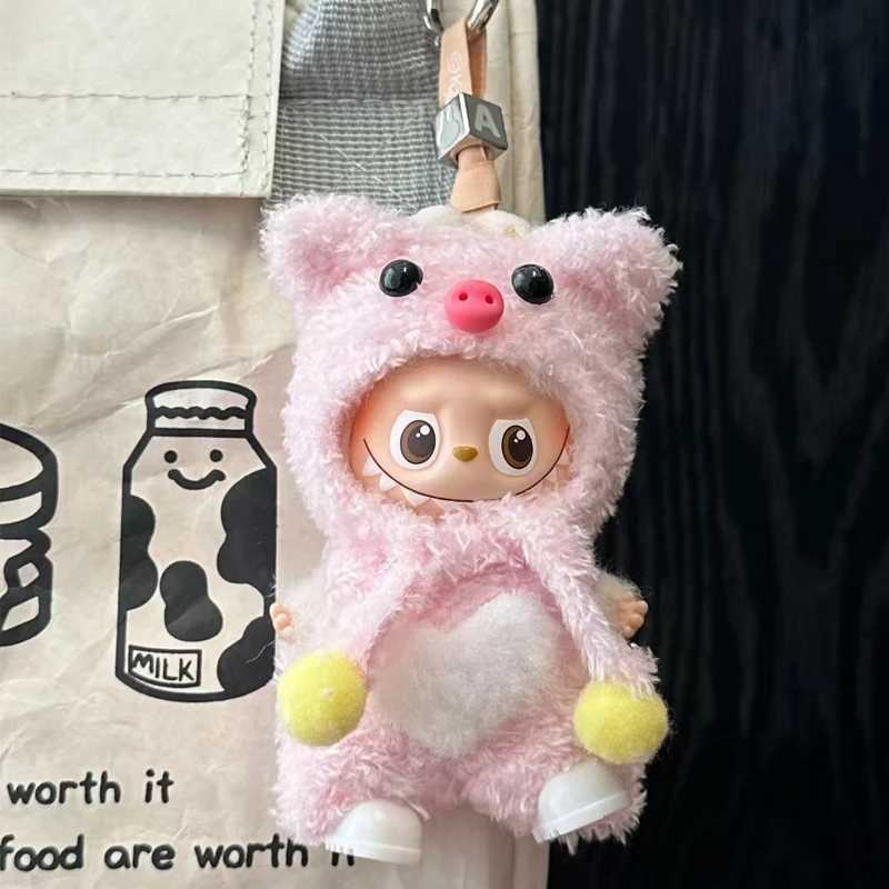 Trendy Floral Overalls Set with Bucket Hat & Hand Made Badge for 10cm Labubu Dolls Outfit AccessoriesT260304