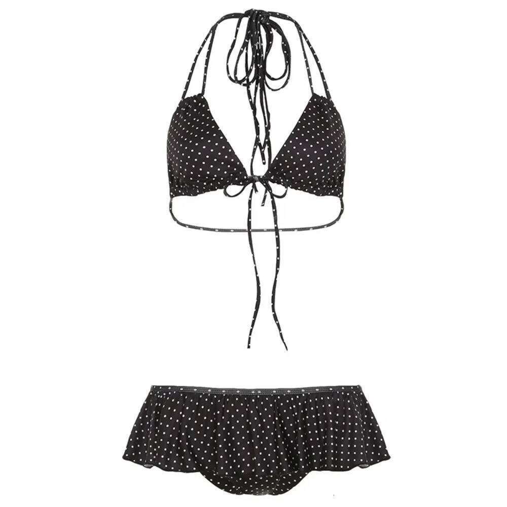 Sexy Ruffled Bikini Suit Slim Fit Deep-V Swimwear Set Lace Up Halter Neck Polka Dot Swimsuit Swimming Pool Y260303