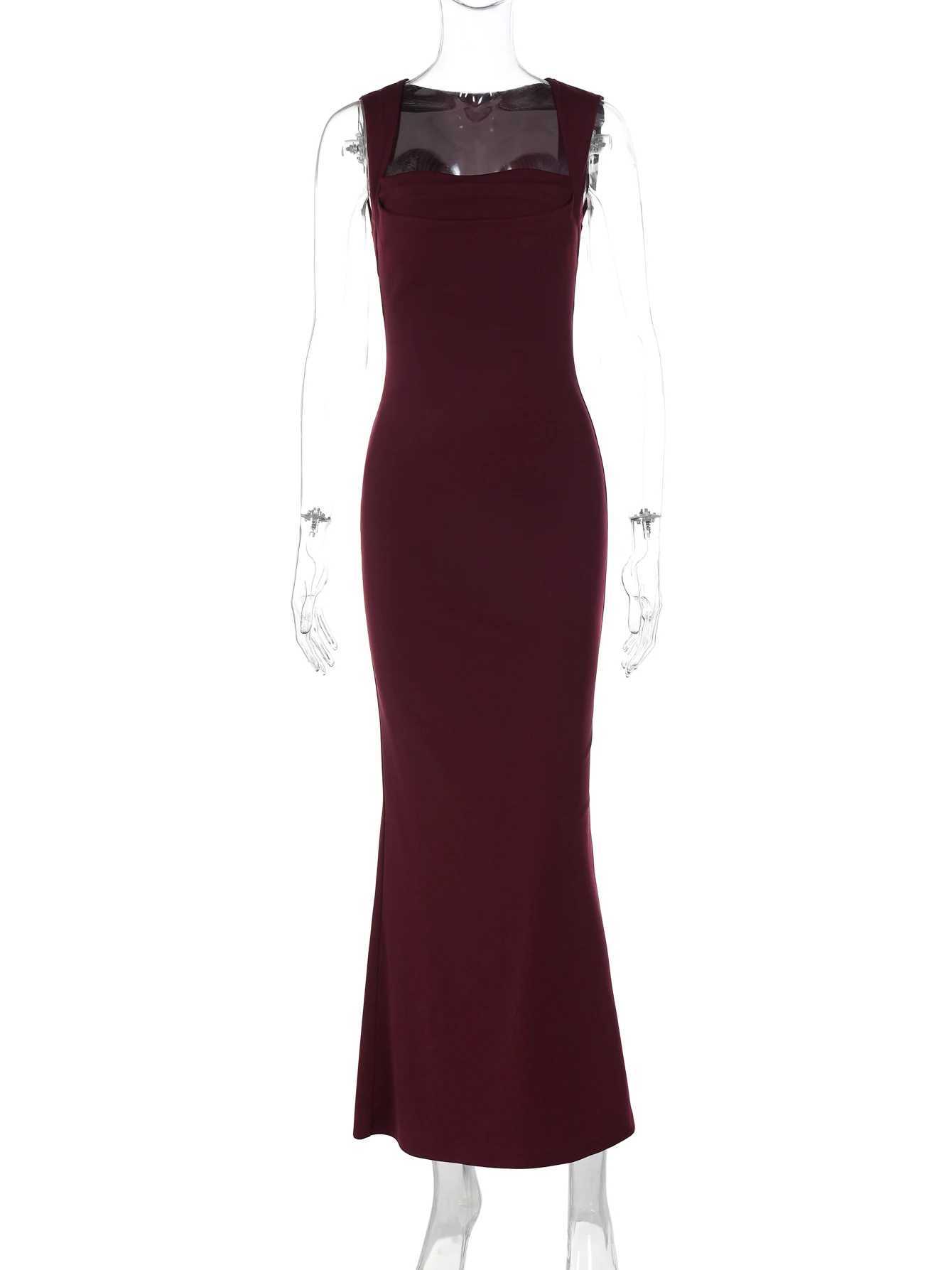 Hugcitar Women Elegant Solid Square Collar Straps Sexy Bodycon Maxi Prom Dress Summer Women Y2K Clothes Evening Party Birthday M260304