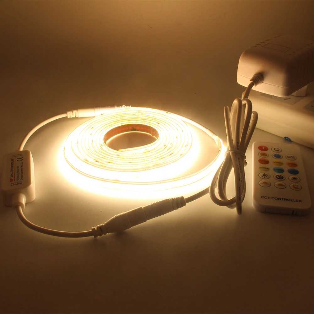 1M 2M 3M 4M 5M CCT COB LED Strip Light 24V Flexible Ribbon WW CW 2700-6500K Dimmable Linear Lighting with Remote Control EU Set H260304