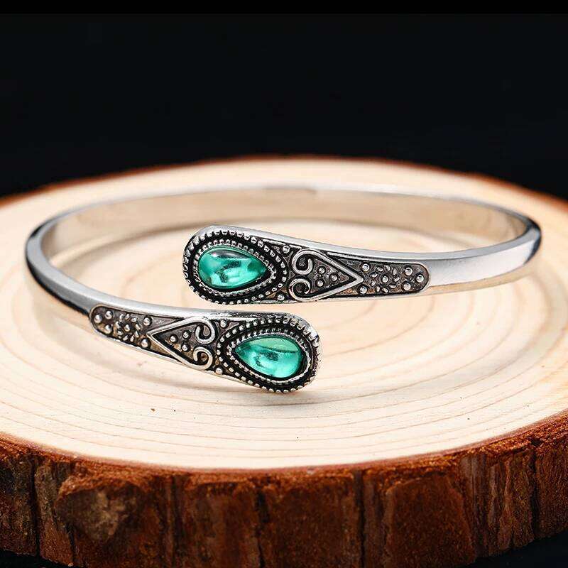 Vintage Ethnic Style Inlaid Imitation Natural Stone Elegant Open Adjustable Cuff Bracelet Women Men Party Jewelry XJ260303