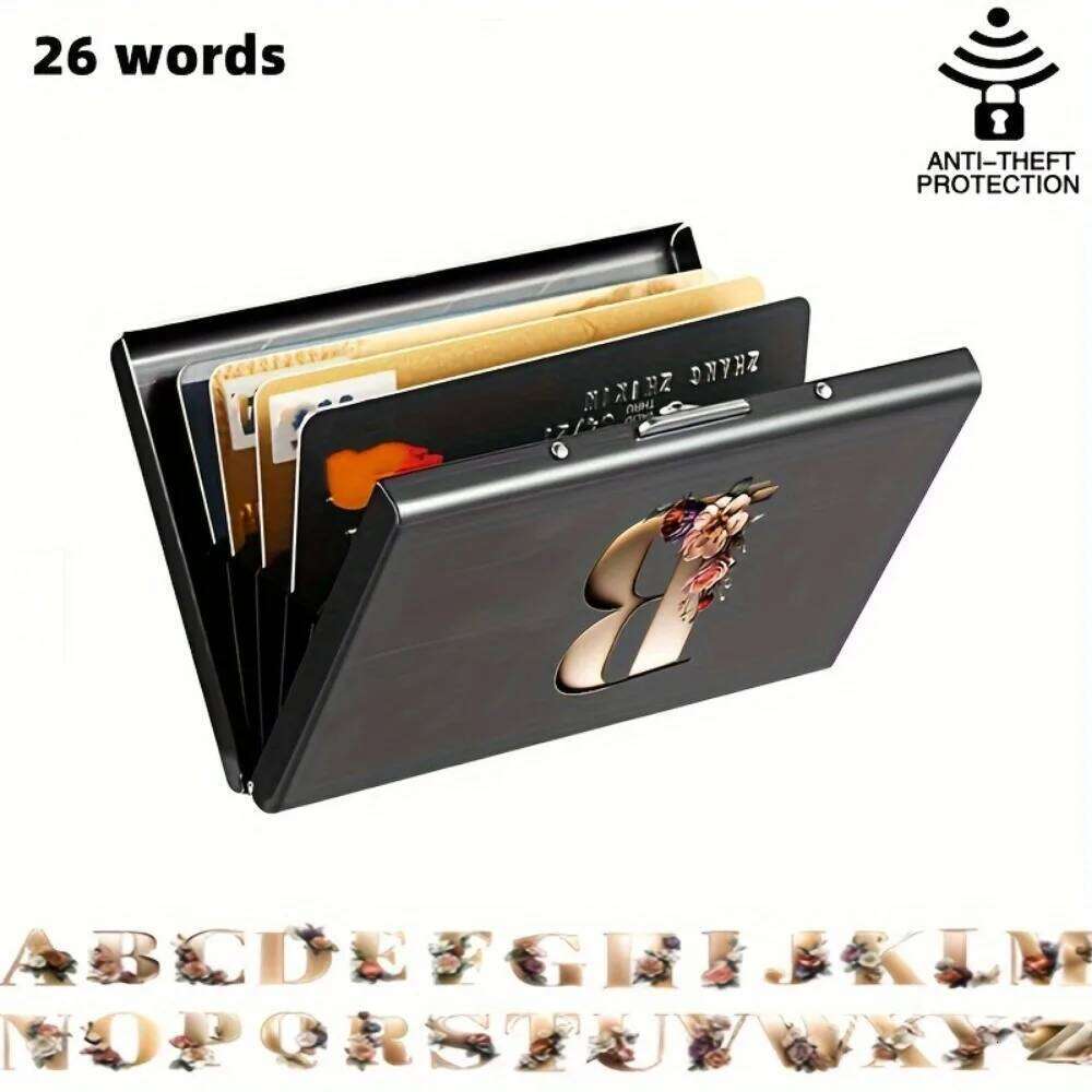 1pc 26 Letters Print 6 card slots RFID Blocking Credit Holder, Stainless Steel Business Card Holder C260304