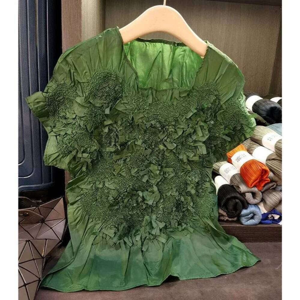 ZHE HAN Miyake Pleated Tops Elegant Commuter Slim Thin Short-Sleeved T-Shirt Female Summer New Simple Vacation Clothing Wrinkle-Free