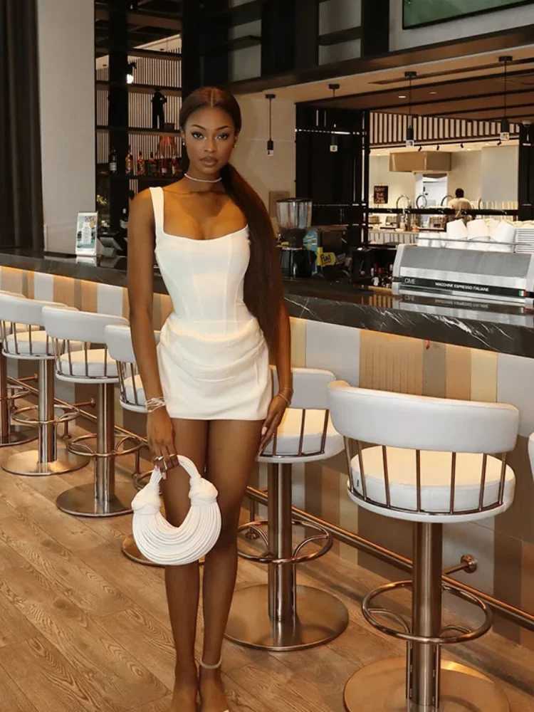 white Pleated Hem Mini Dress Fashion womens solid U-neck Sleeveless Back Bandage Slim Vestidos 2025 New Summer Lady Party Gown M260304