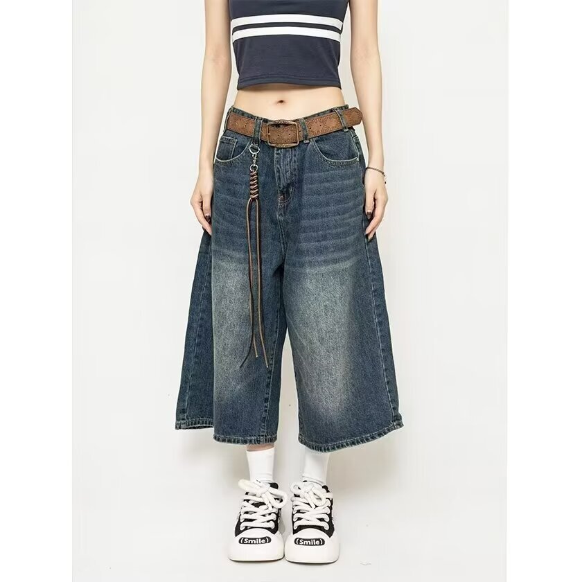 American Retro Designer Pants Loose-fit Washed Distressed Cropped Denim Shorts For Men And Women With A High Street Design And Wide-leg Mid-length Cut