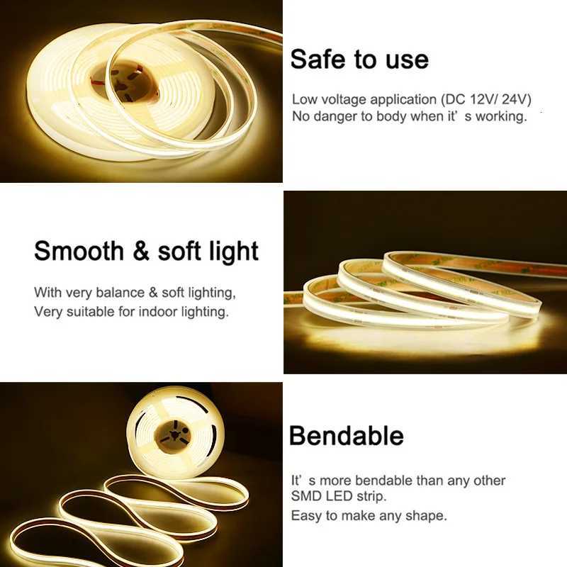 COB LED Strip Light IP67 Waterproof 480 LEDs/m High Density Flexible Tape Ribbon 3000K-6500K RA90 Led Lights DC24V UL Listed H260304