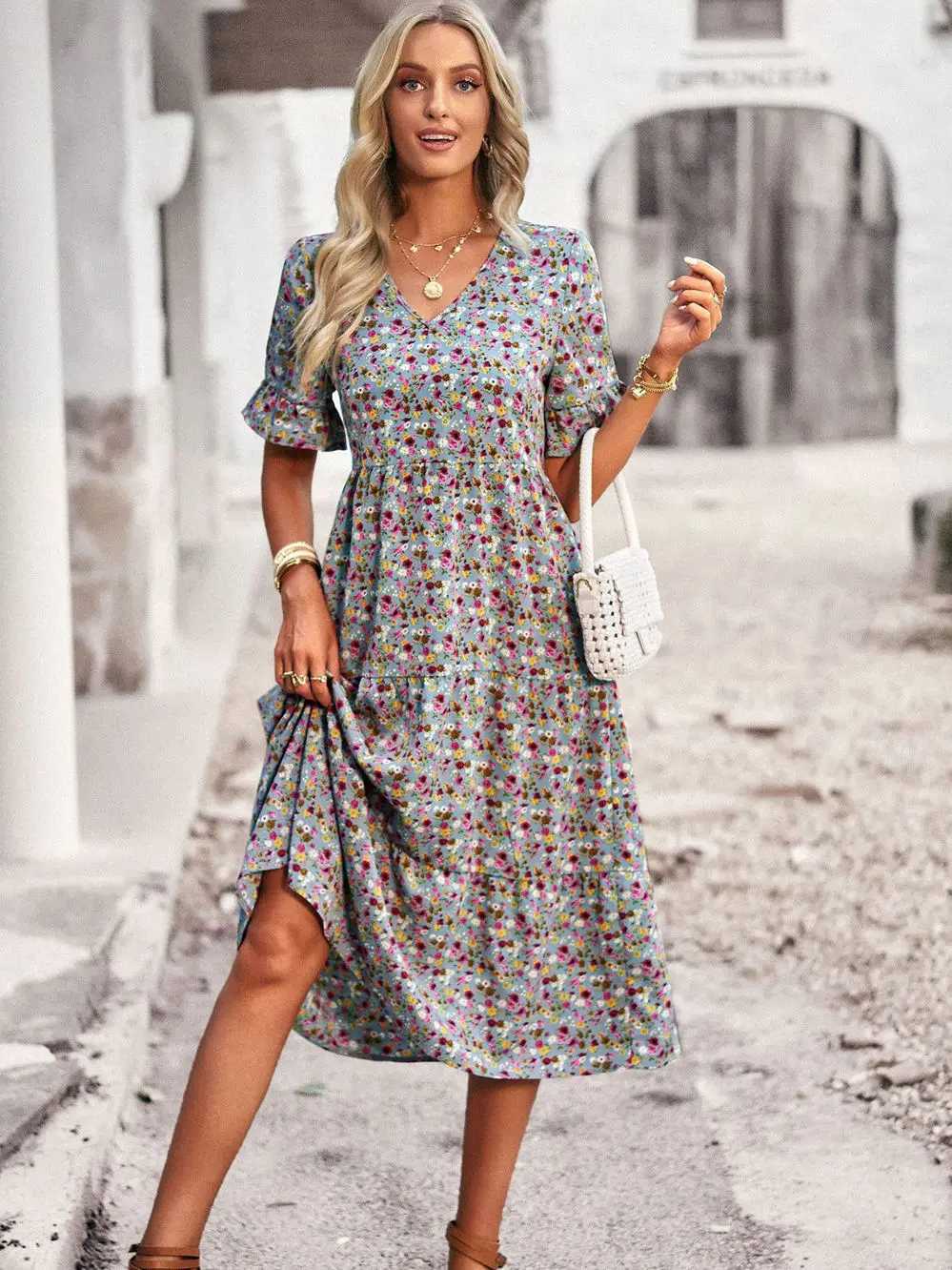 Summer Women V Neck Elegant Printed Short Sleeve High Waist A Line Floral Holiday Dress M260304