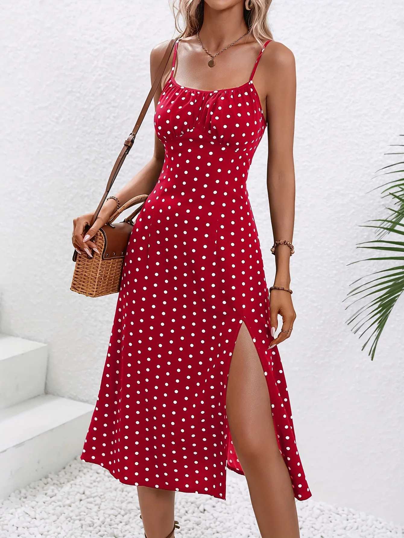 2024 Women Floral Print Spaghetti Straps Summer Boho Beach Dress Print Elegant Suspenders Square Neck Slit Dress Vestidos M260304