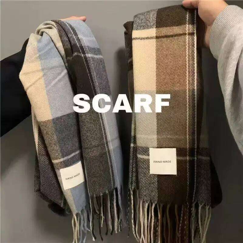 1 pc Fashionable warm British scarf for autumn winter, retro and versatile plaid tassel shawl neck scarf, suitable XJ260304