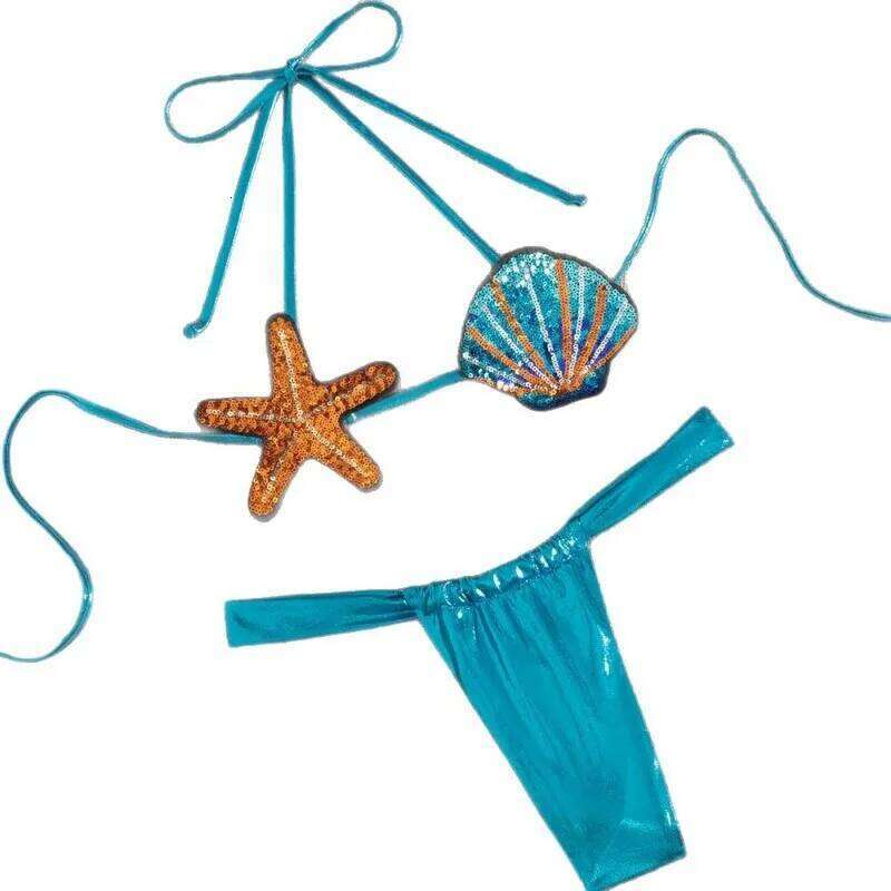 2025 Shiny Sequin Shell Starfish Bikini Set Women Sexy Push Up Pleate Thong Swimsuit Swimwear Brazilian Beach Micro Bathing Suit Y260303