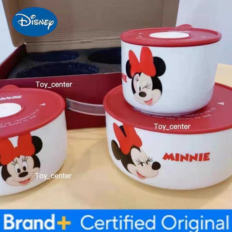 Disney Anime Mickey Mouse Minnie Cartoon Tableware Ceramic Bowl With Lid Microwave Oven Soup Bowl 3pcs Student Thicken Lunch Box H260304