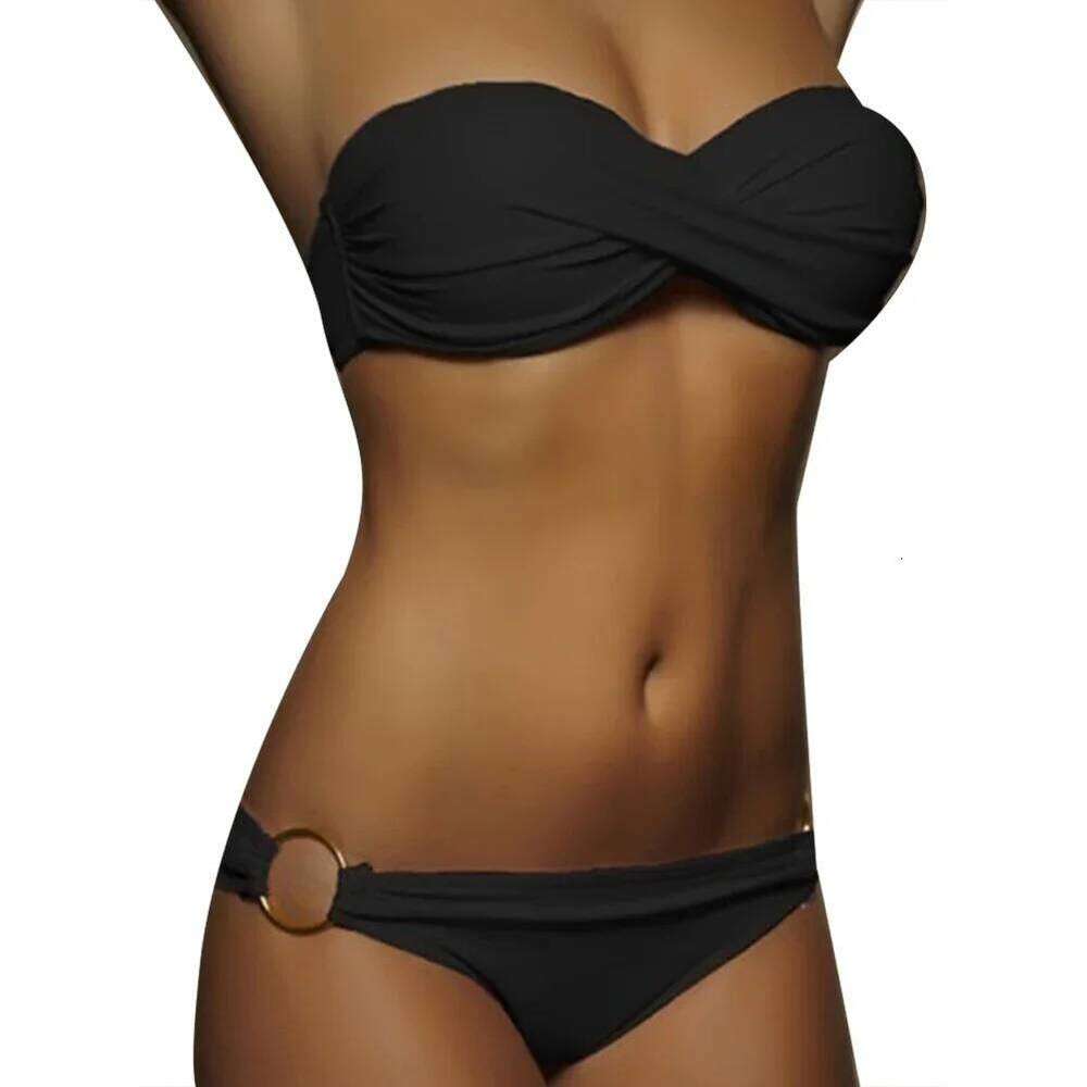 Summer Sexy Two-piece Swimsuit Swimwear Women Cross Pleated Bra Metal Ring Briefs Female Bikini Off Shoulder Bathing Suit Y260303
