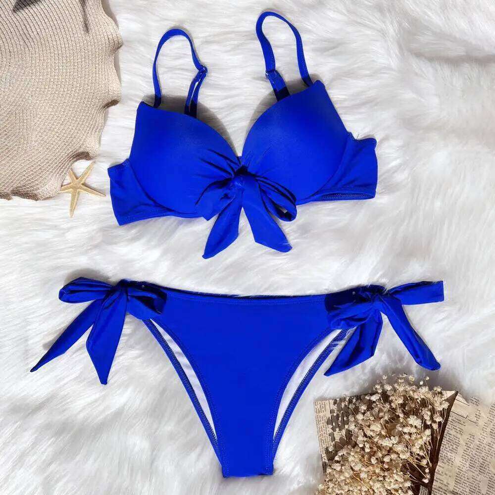 Women Summer Bikini Padded Sling Bowknot Lace-up Bra High Waist Swim Briefs Set Solid Color Beach Swimsuit Female Swimwear Y260303