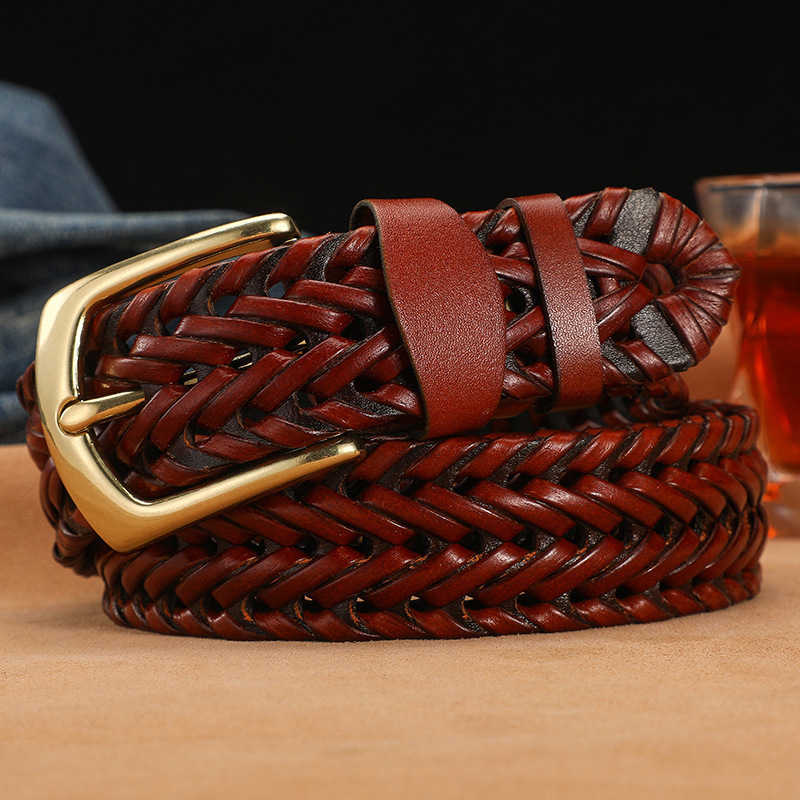 Handmade braided leather belt for men, genuine leather, hollowed-out, retro, casual, pin buckle, couple style, fashionable, youth, waist belt, in stoc