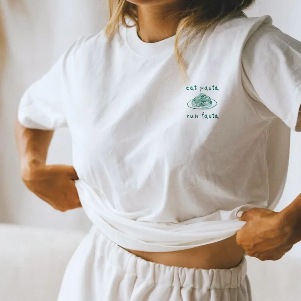 Spring Summer Short Sleeve Loose Unisex Tees Eat Pasta Run Fasta Funny Printing Graphic Tops White Cotton Casual Vintage Tshirts 260227