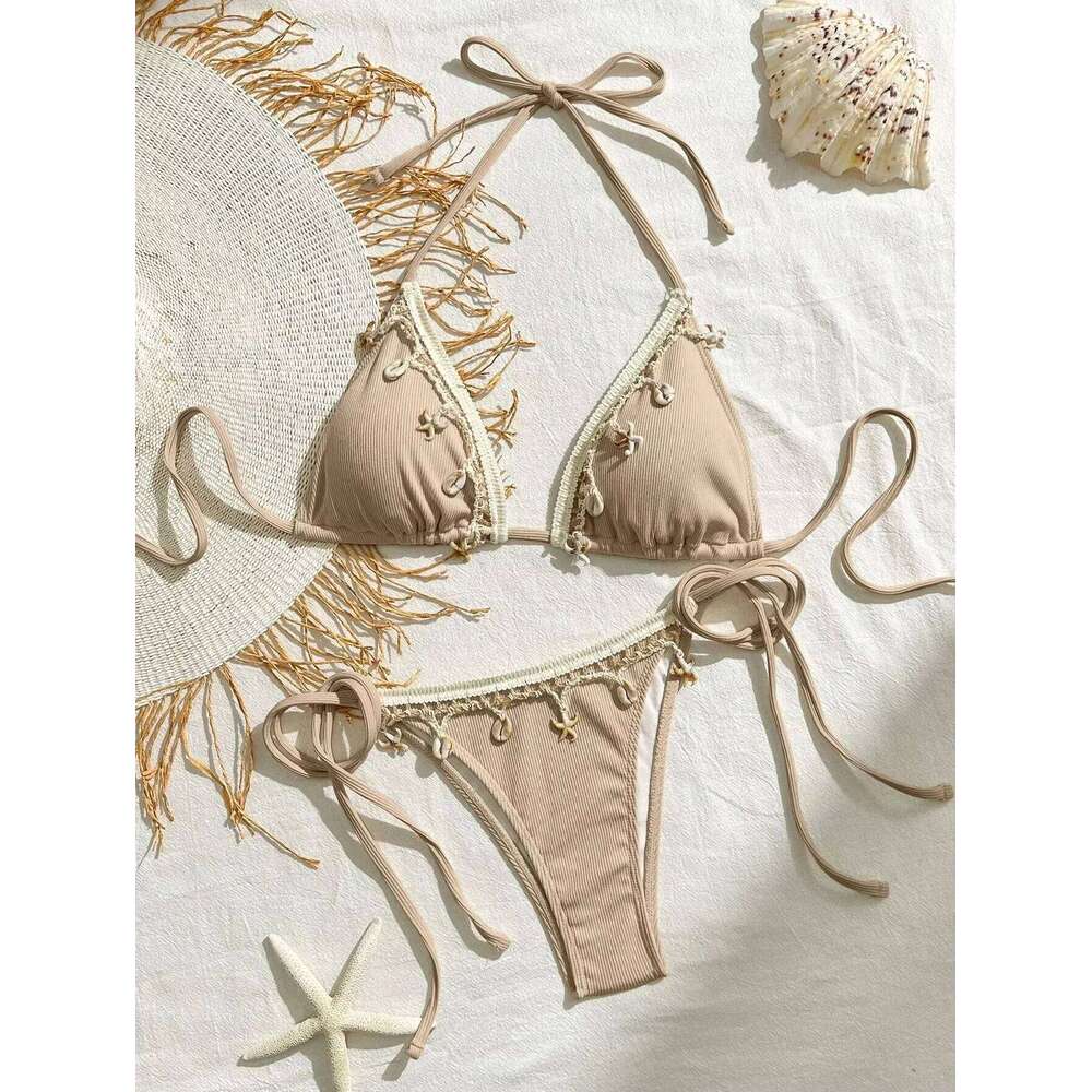 Peachtan thong bikini women's sexy pure desire neck hanging solid color two-piece beach swimsuit set Y260303