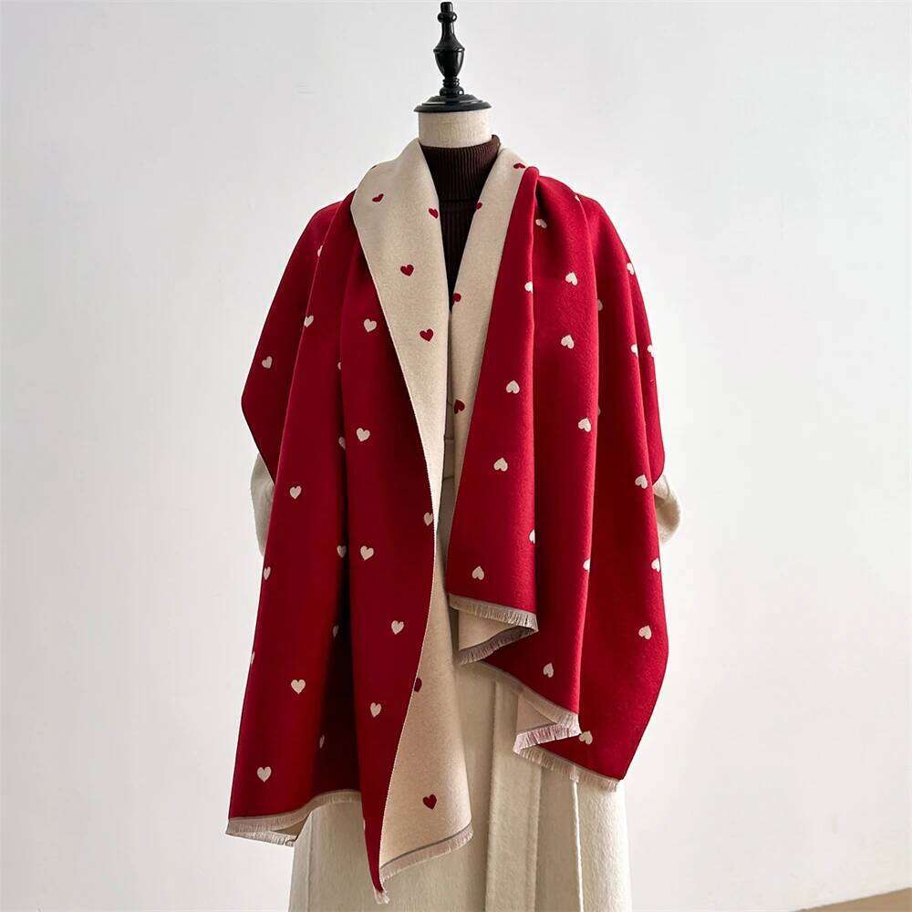 Autumn Winter Heart-Shaped Texture Color-Blocked Fashion Double-Sided WomenFaux Cashmere Warm Scarf Air Conditioner Shawls XJ260304