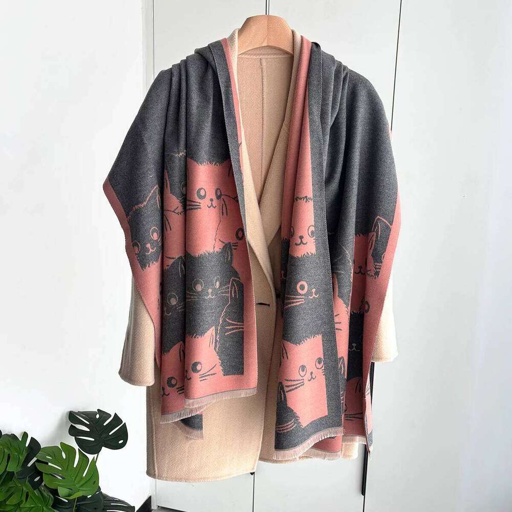 New Winter Autumn Warm Scarf Women Imitation Cashmere Cotton Cat Print Shawl For Ladies Shawls Pashmina Stoles Wraps Blanket XJ260304