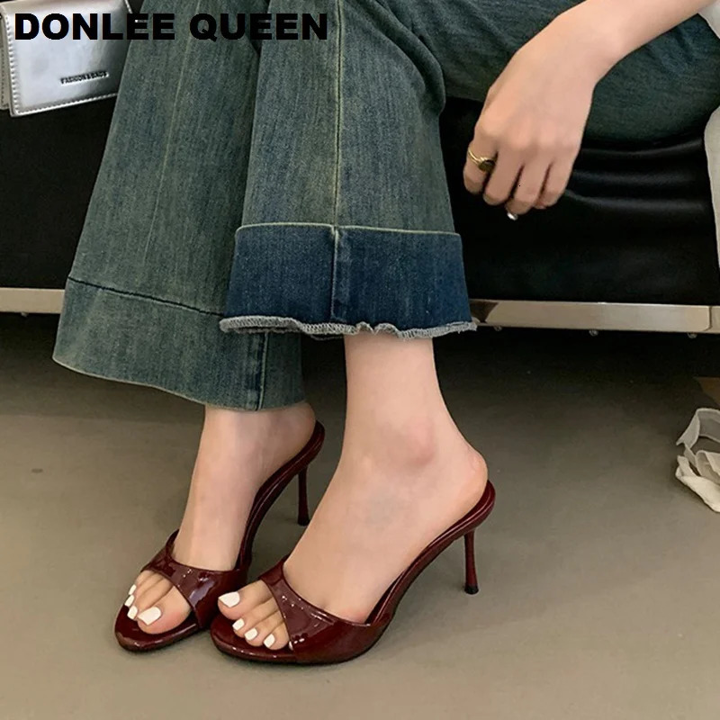 2026 Fashion Sexy Thin High Heels Slides Women Open Toe Pumps Slip Sandal Female Slippers Mule Patent Leather Outdoor Flip Flops 260306