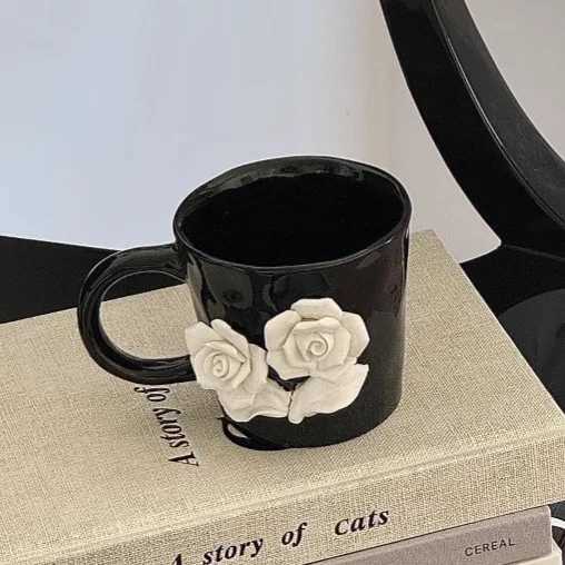 Elegant Relief Rose Mug 300 ML Coffee and Tea Mugs Novelty Ceramic Cups Funny Christmas Birthday Gifts Ideas for Women MenT260304