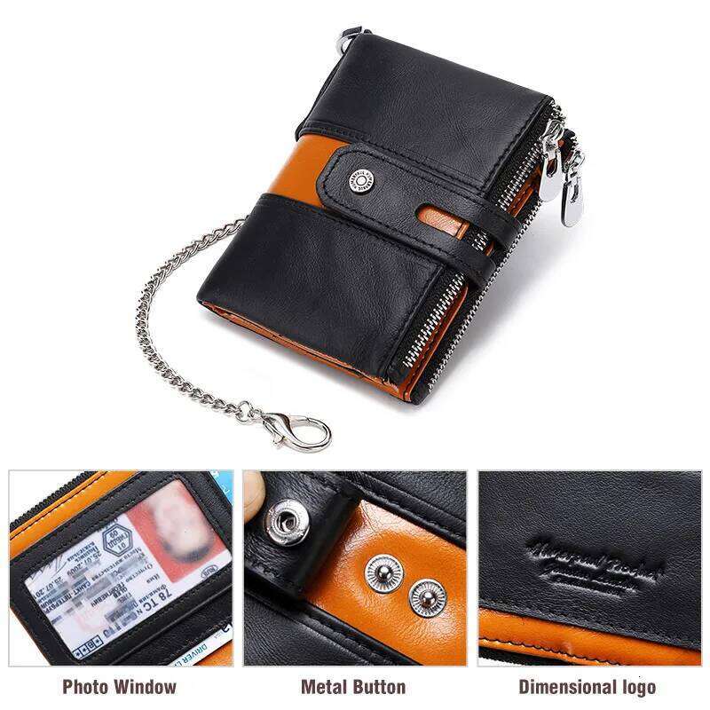 HUMERPAUL Genuine Leather Men's Wallet Fashion Quality Travel Purse Rfid Protect Credit Card Holder Wollst for Men with Chain C260304