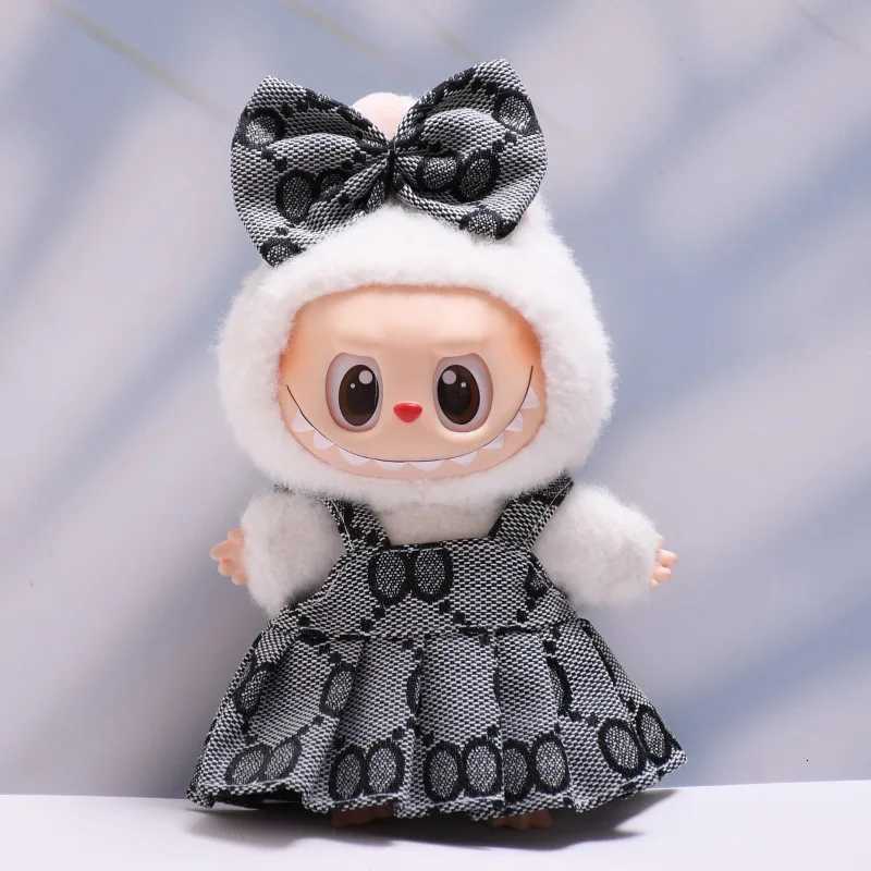 17cm Labubu Fashion Black Monogram Hat and Overalls Set, Doll Clothing for Party Game & DIY ToysT260304