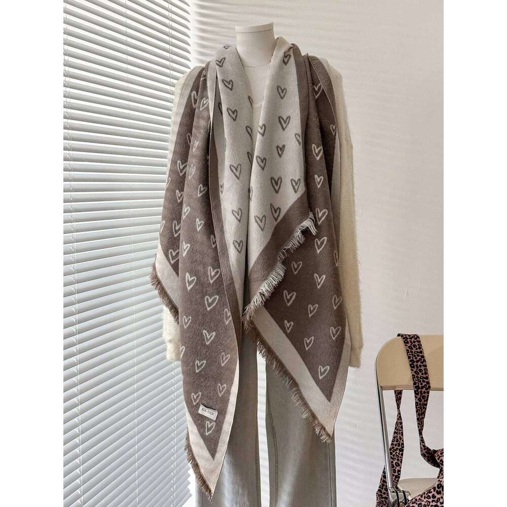 Women & Men Winter Warm Scarf Delicate Love Pattern Faux Cashmere Irregular Cut Double-Sided Neckerchief for Cold Days XJ260304
