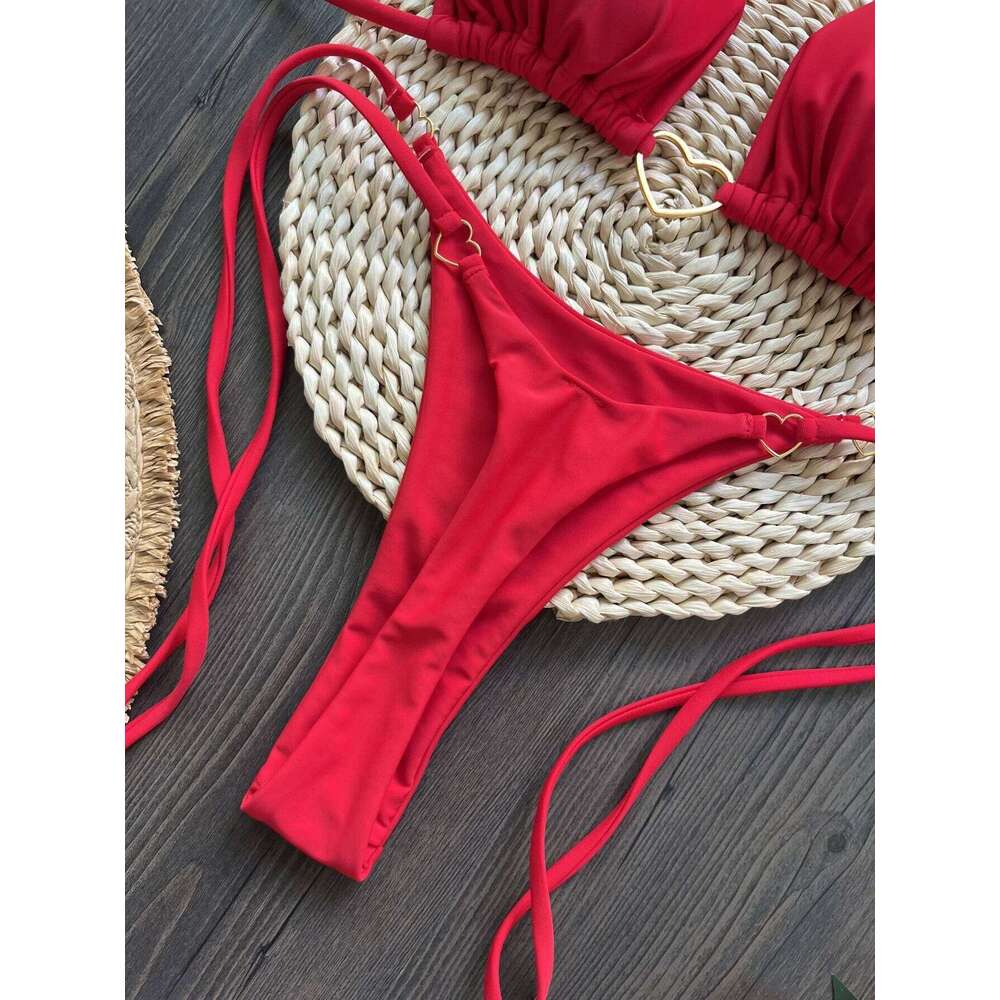 Sexy Halter Solid Color Bikini Set Women Lace-up Swimsuit Two-piece Triangle Thong Swimwear Bathing Suit Brazilian Biquinis Y260303