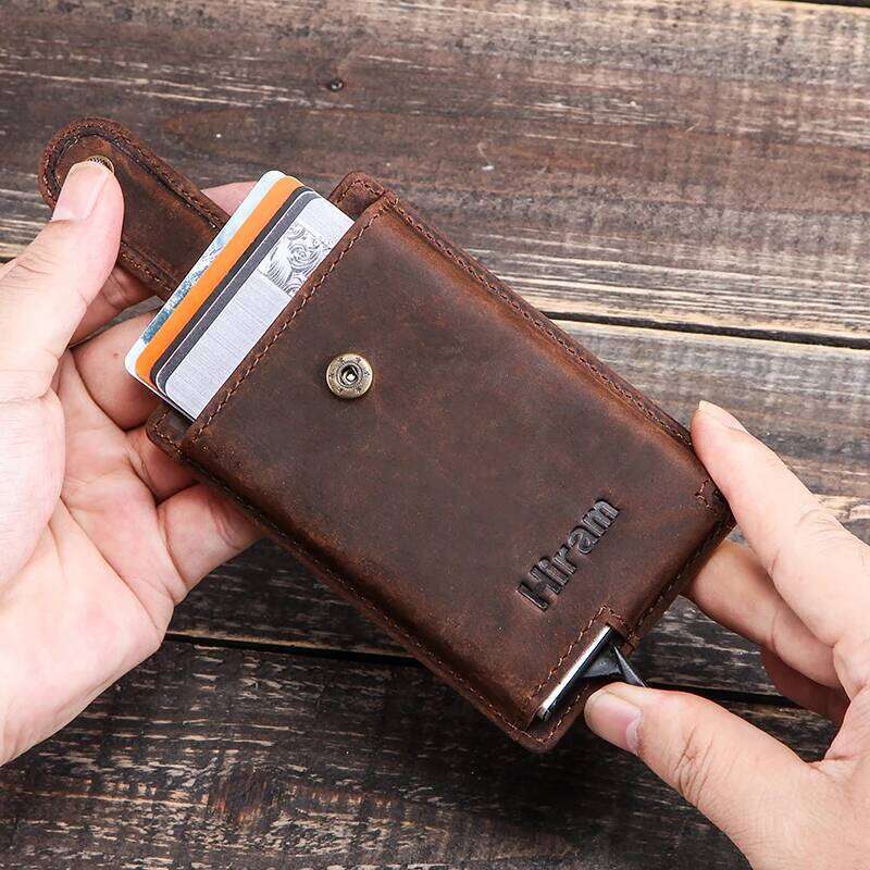 Hiram Credit Holder Men Metal RFID Vintage Aluminium Box Crazy Horse Leather Wallet Small Coin Purses ID Card Case C260304