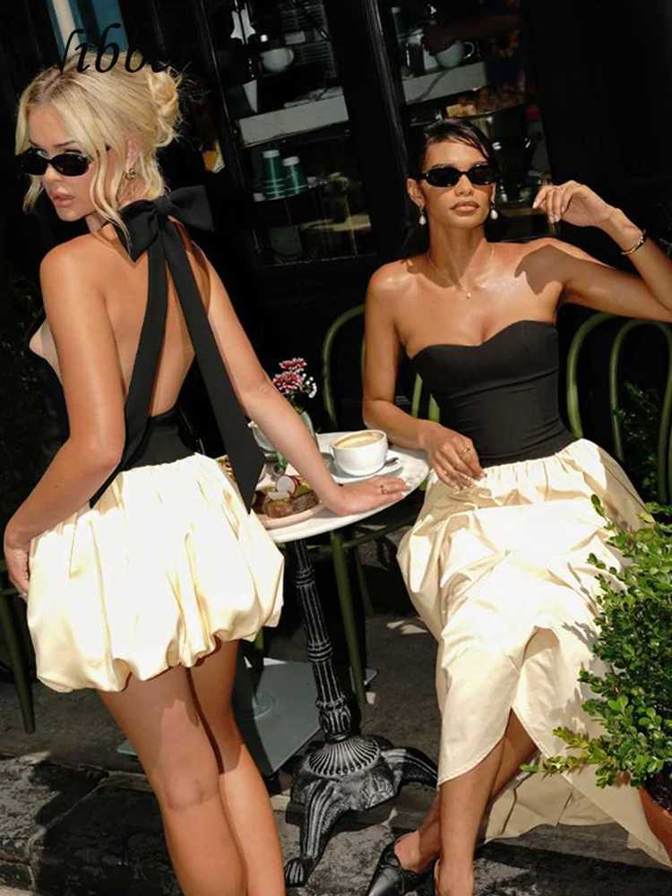 Nibber Halter Backless Dress Women Bandage Knot Ballet style Sleeveless Contrast Patchwork Trend Elastic Streetwear Mini Bodycon M260304