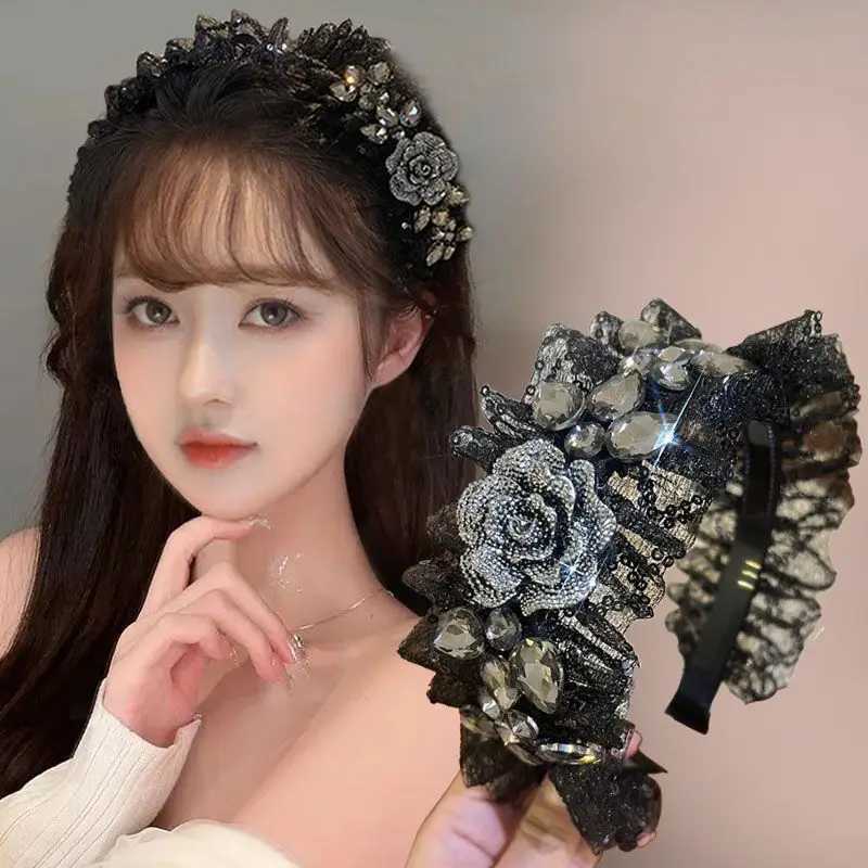 Female Casual Hairpin New Headwear 2025 Korean Style Women Black Lace Rhinestone Flower Hairband Headband Wide Edge Hair Clip H260304 - view 3