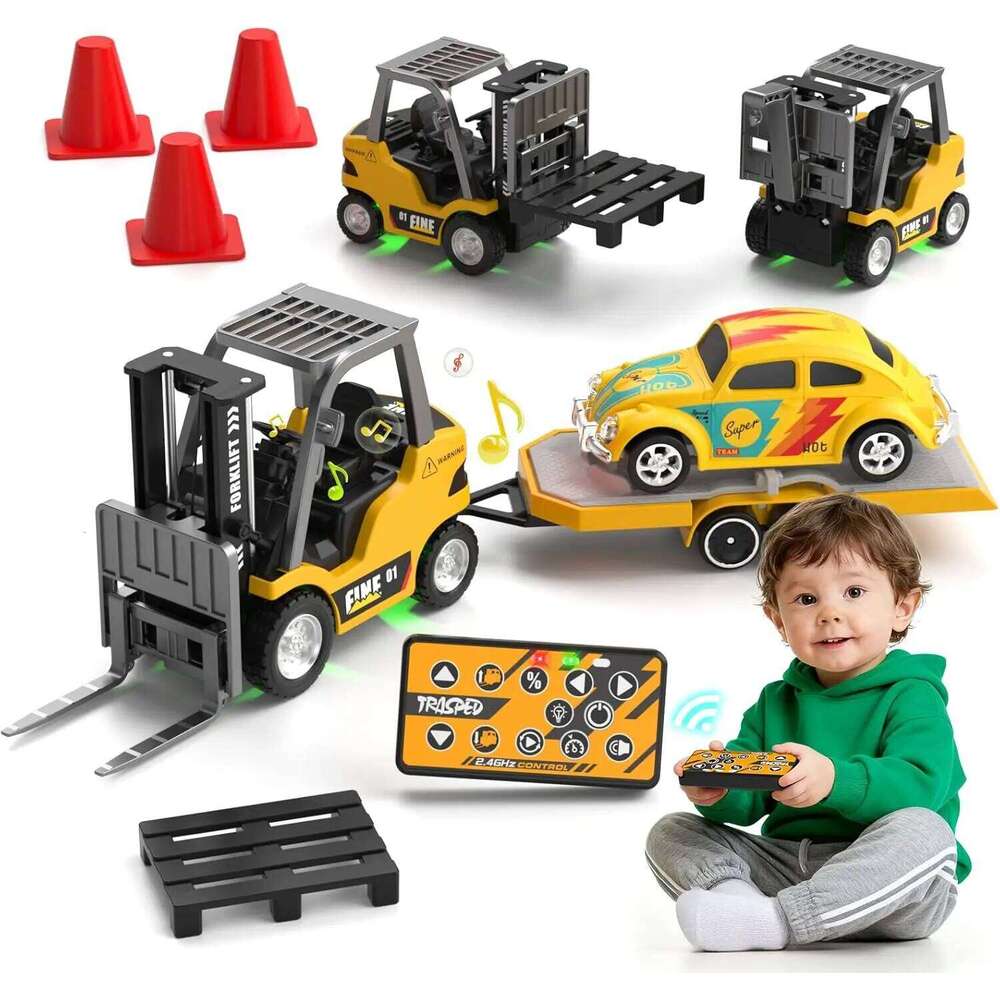 1/64 RC Forklift Trailer Full Scale Mini Rc Car With Flatbed Truck & Crane Sound Lights Tabletop Vehicles Boys Toys Z260303