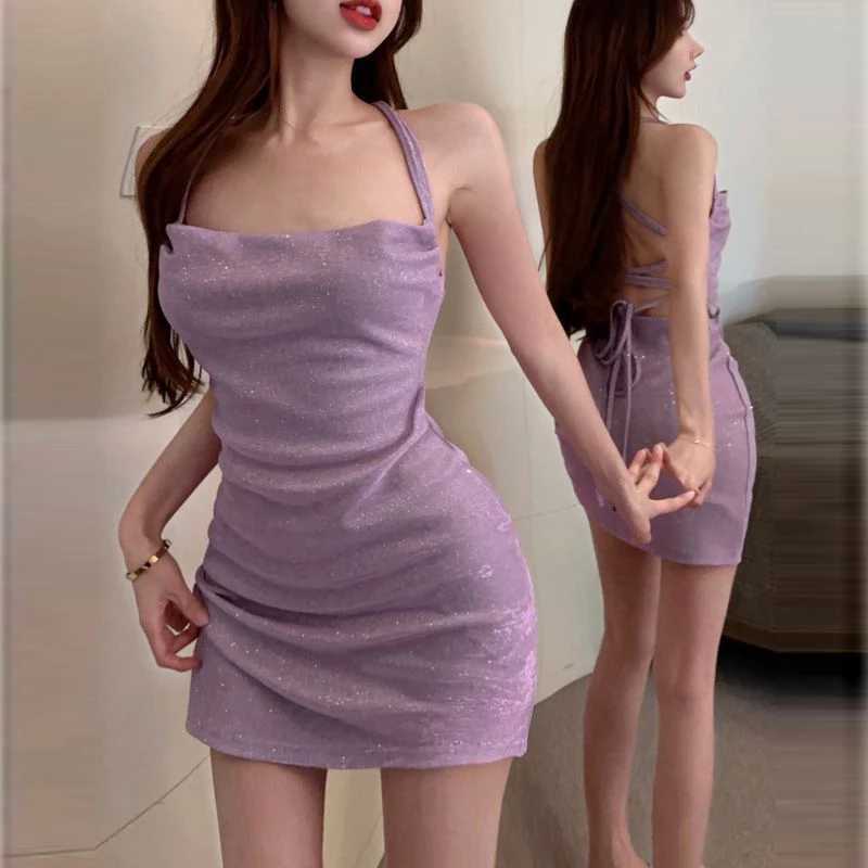 Summer Fashion Korean Version Sexy Pure Desire Wind Slim Solid Color Straps Hanging Neck Backless Sleeveless Dress M260304